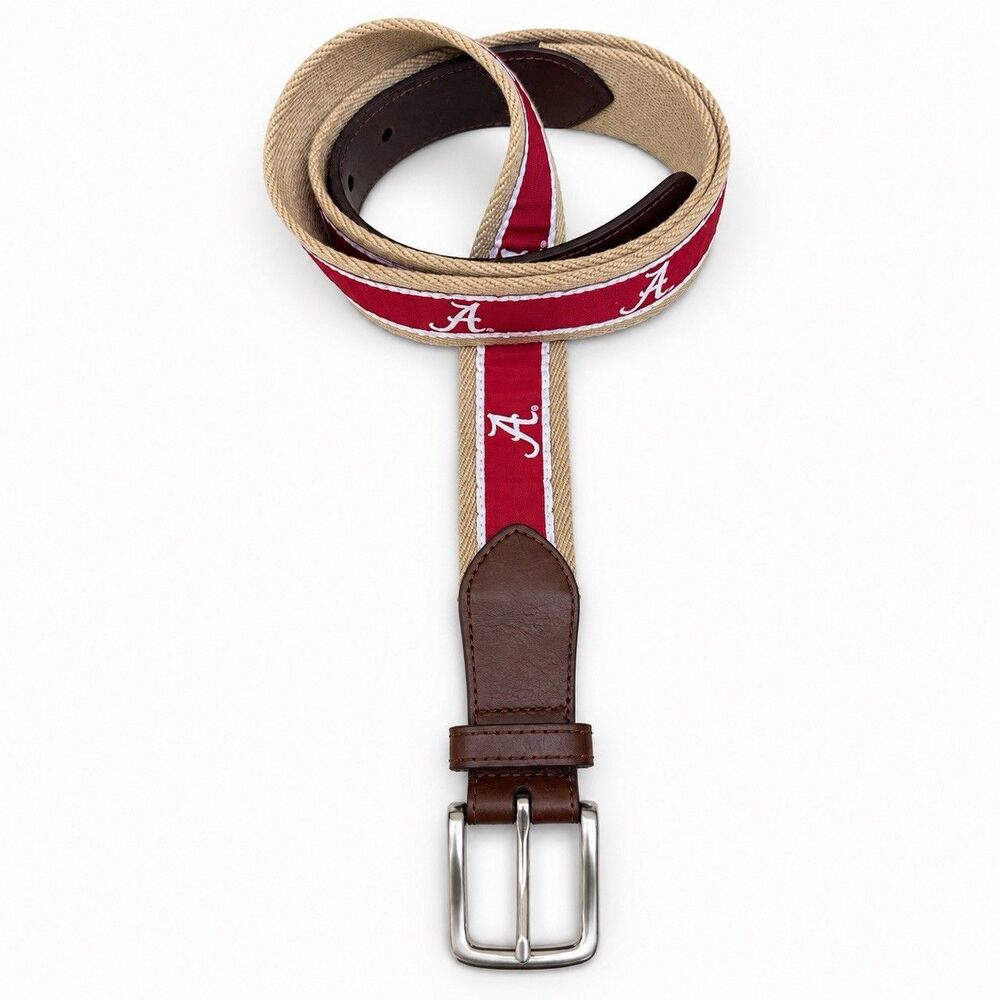 Men’s Alabama Crimson Roll Tide Faux Leather Embroidered Canvas Belt Sz 40